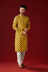 Ensemble pyjama Kurta en coton imprimé moutarde pour homme